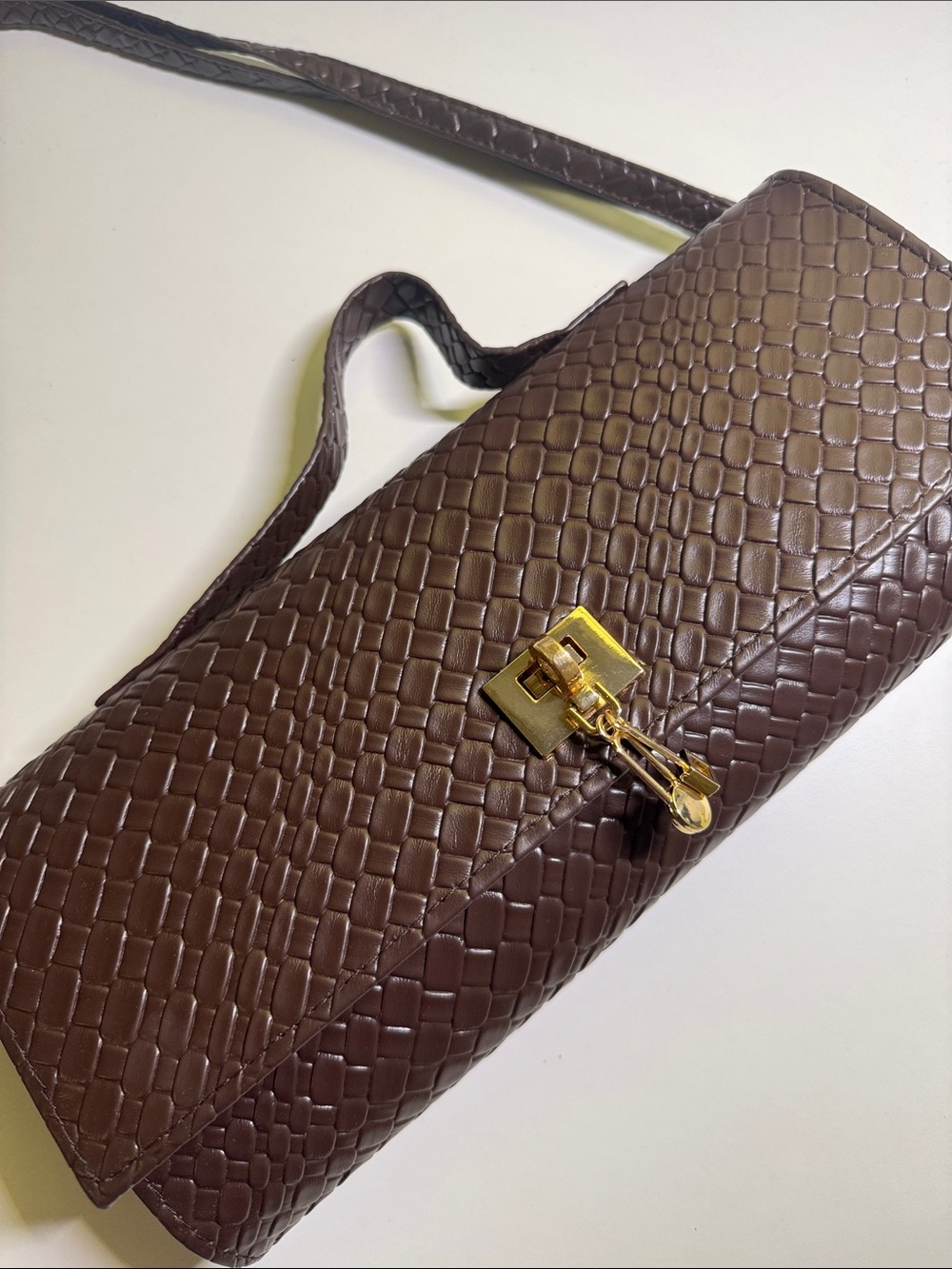 Woven Shoulder Bag in Dark Brown with Gold Hardware